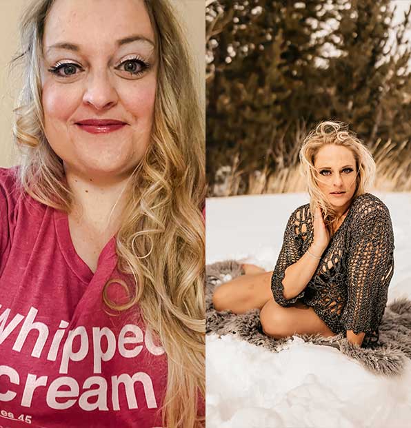 Two pictures of Robbalee Oleson posing in the snow.
