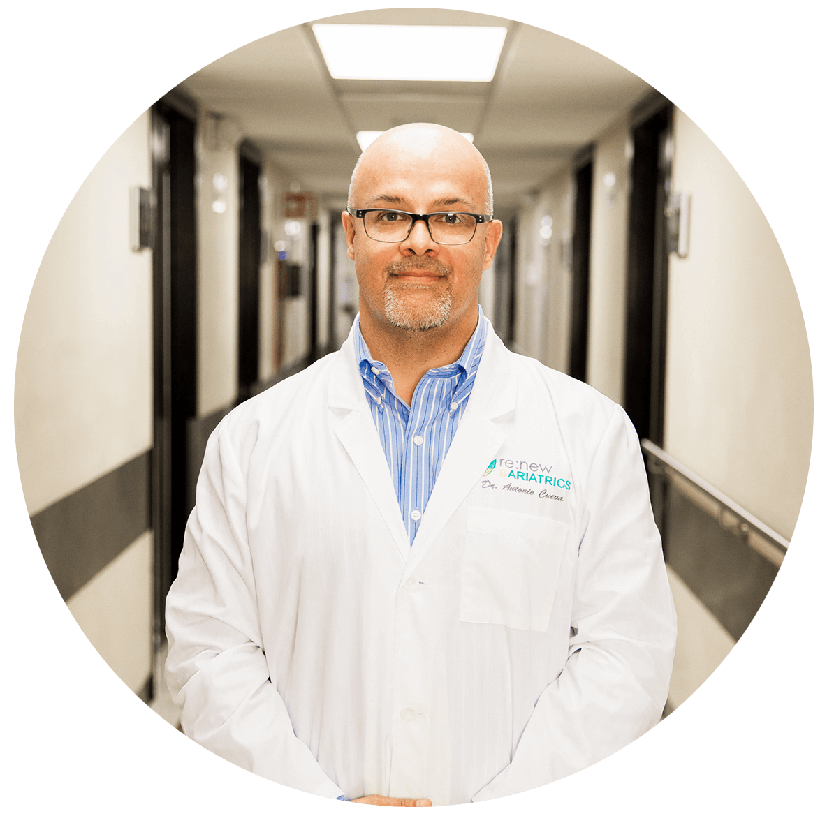 Dr. Antonio Cueva in his Renew Bariatrics white coat at the hospital in Tijuana