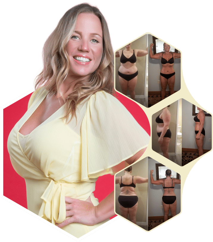 A woman in a yellow shirt is standing in front of several pictures at home.