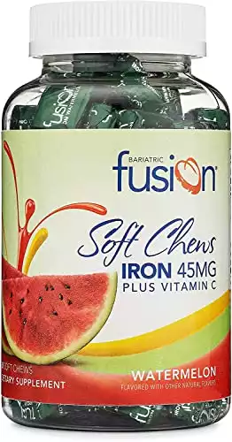 Bariatric Fusion Iron Soft Chew with Vitamin C | Watermelon Flavored | Chewy Vitamin for Bariatric Patients | Gluten Free | Iron Supplement for Women and Men | 60 Count | 2 Month Supply