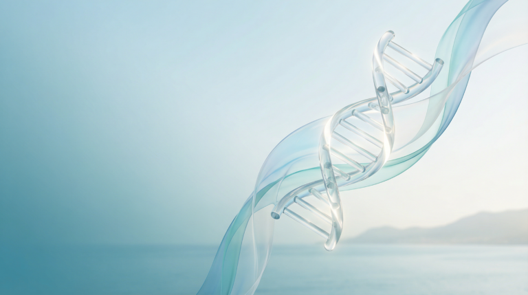 Abstract medical illustration of a translucent DNA double helix with flowing ribbons over a soft teal gradient background, representing genetics and personalized weight management.