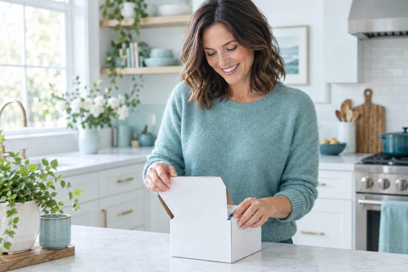 Woman smiling as she opens a small shipping box in her kitchen