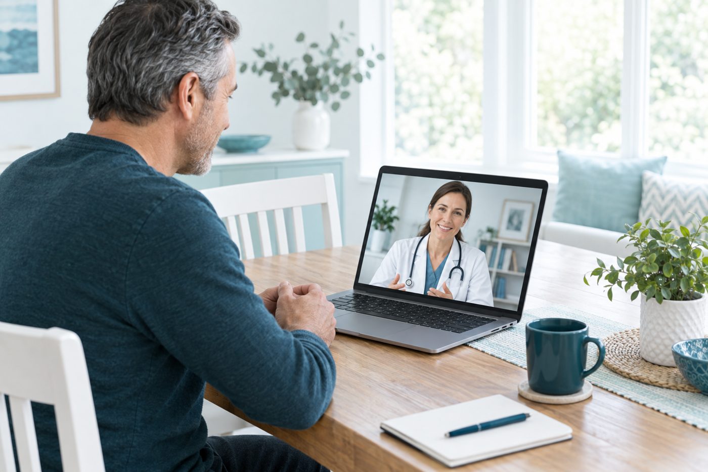 Man at his dining table on a video visit with a clinician