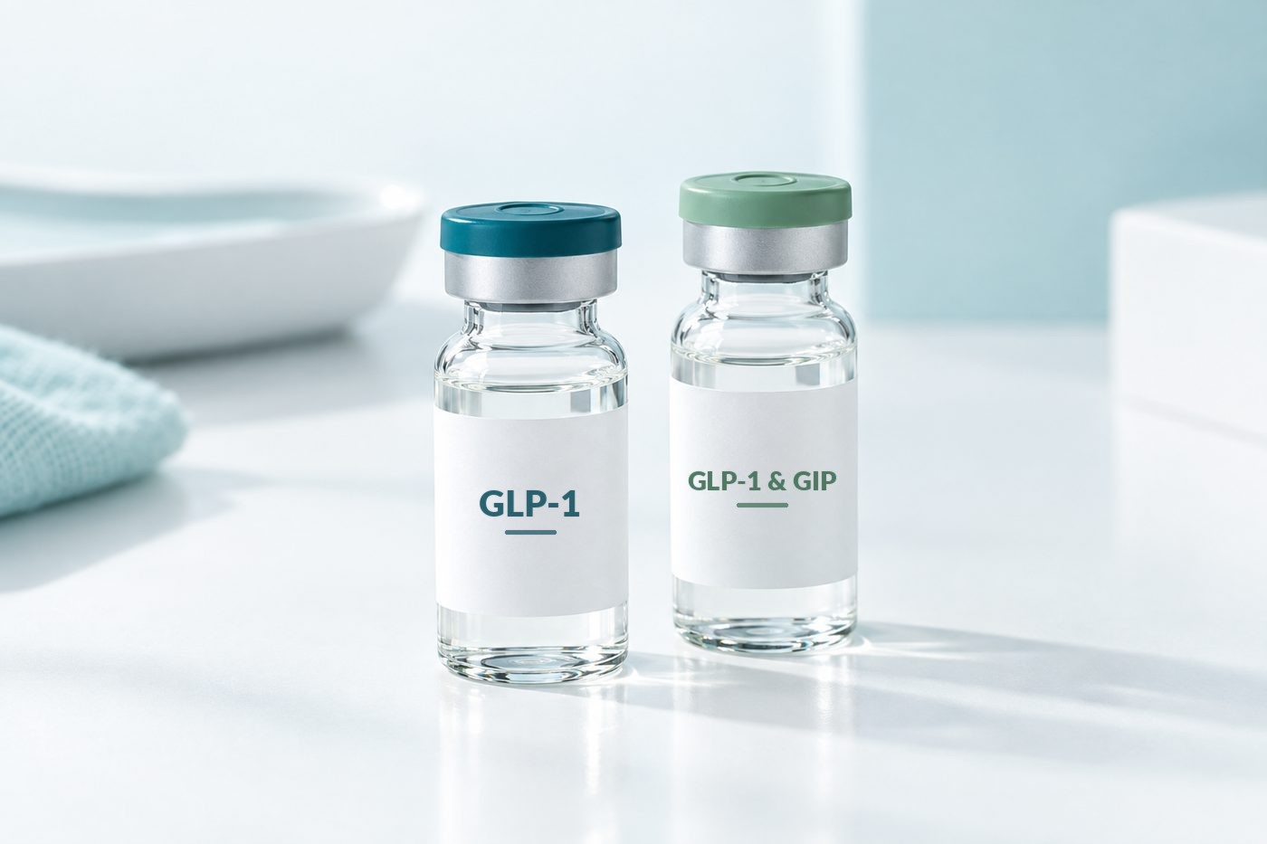 Two medication vials labeled GLP-1 and GLP-1 & GIP